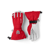 Red and white ski gloves with hook strap cuff and leather-look palm sections