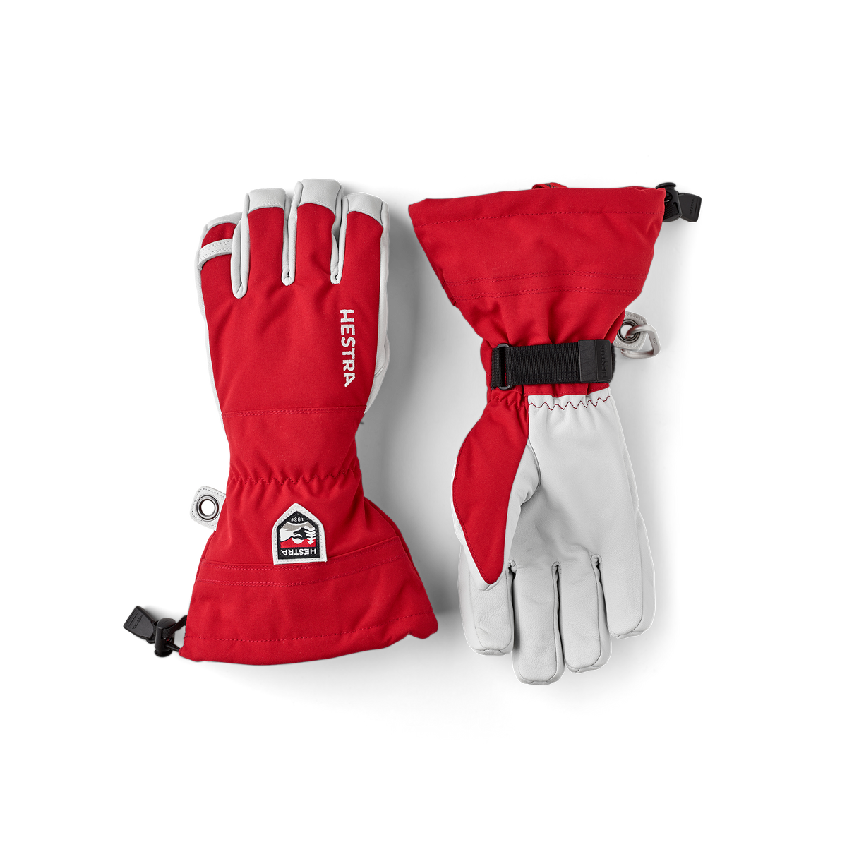 Red and white ski gloves with hook strap cuff and leather-look palm sections