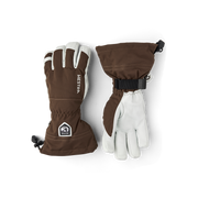 Brown ski gloves with Hestra logo patch and light leather accents