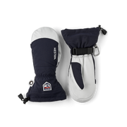 Pair of dark navy and white ski mittens with wrist strap and hook loops