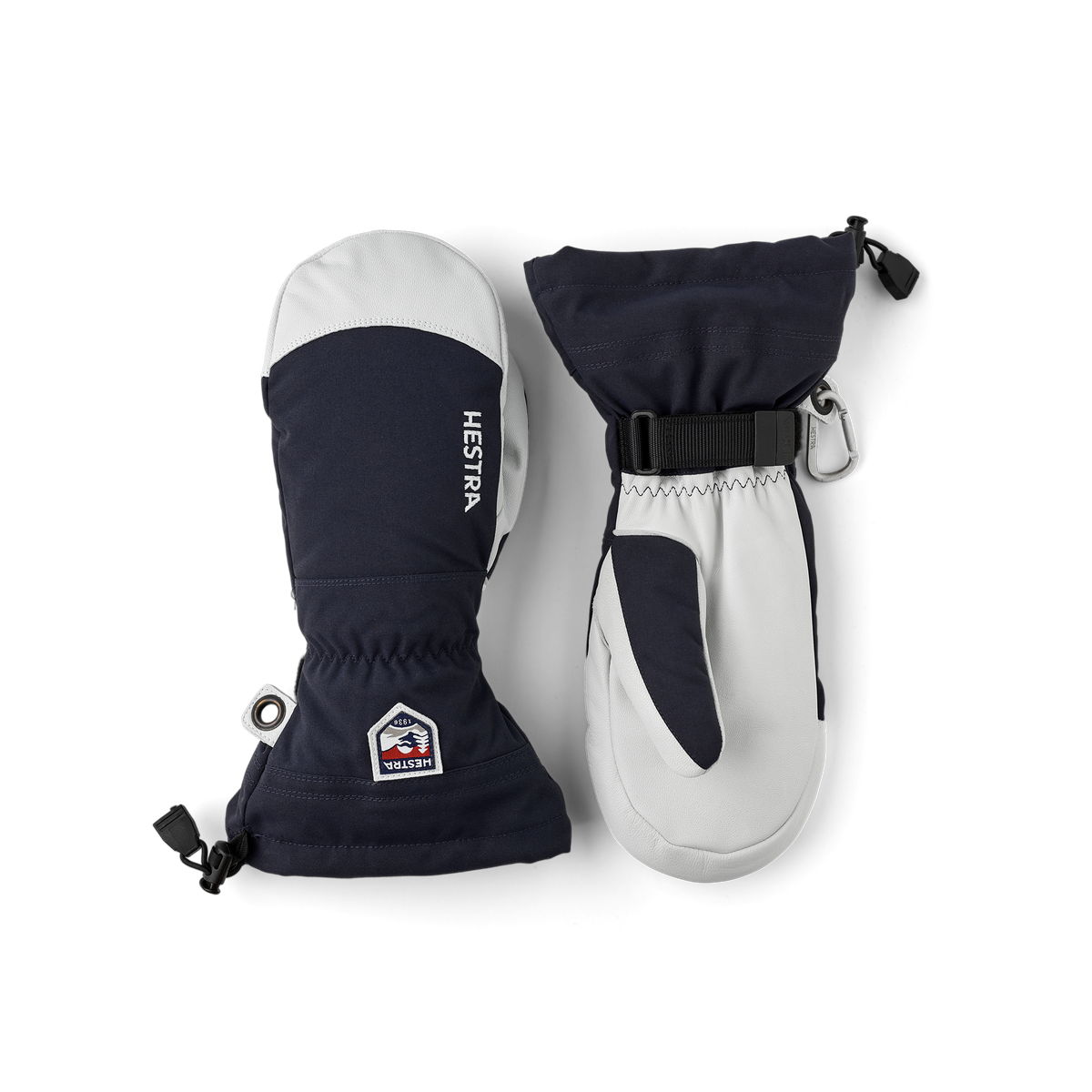 Pair of dark navy and white ski mittens with wrist strap and hook loops