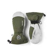 Olive and white ski mittens with wrist strap and metal ring