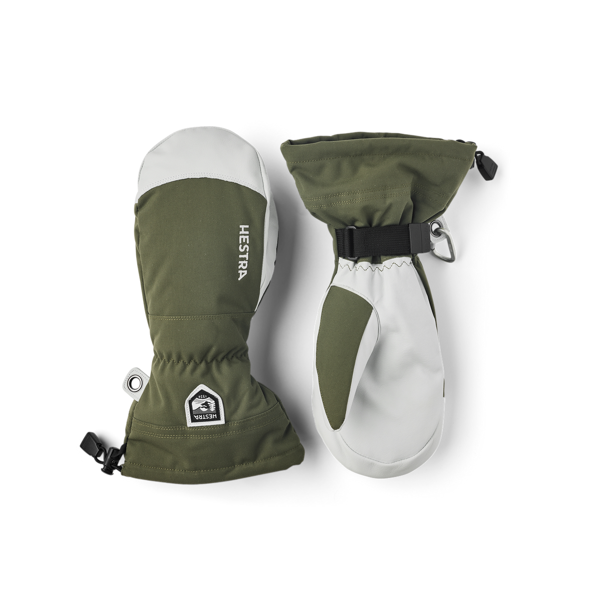 Olive and white ski mittens with wrist strap and metal ring
