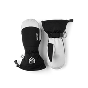 Pair of Hestra ski gloves and mittens in black and white with wrist strap