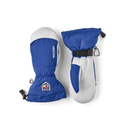 Pair of blue and white ski mittens with wrist strap and hook loops