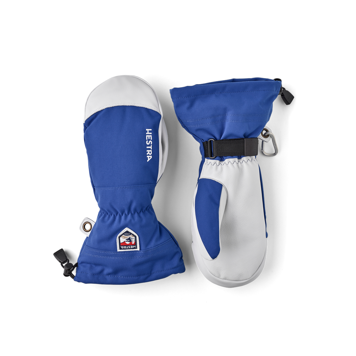 Pair of blue and white ski mittens with wrist strap and hook loops