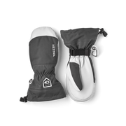 Pair of dark gray and light gray ski mittens with wrist strap and hook loops