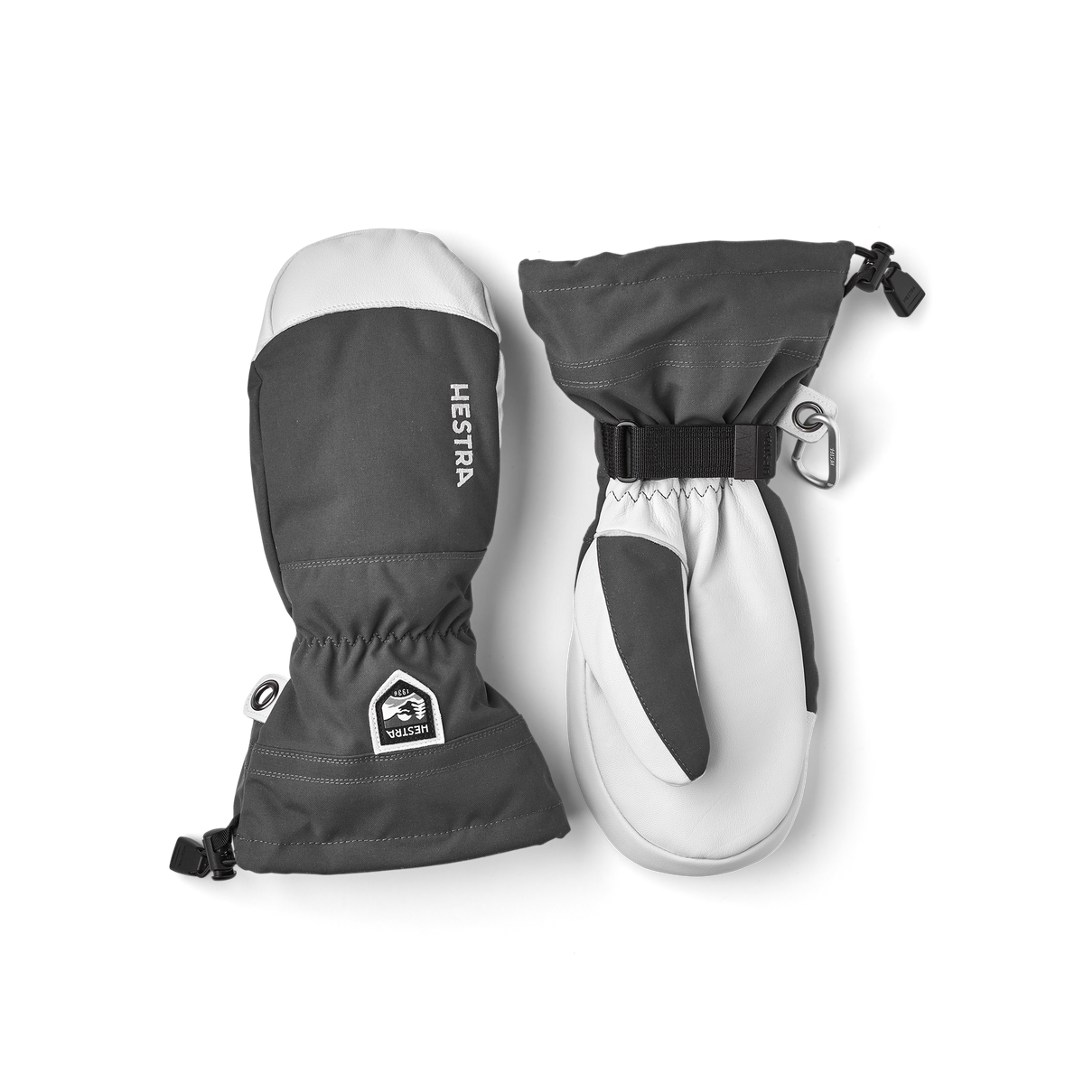Pair of dark gray and light gray ski mittens with wrist strap and hook loops