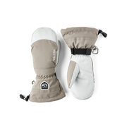 Ski mittens in khaki with white back, wrist strap and snap hardware