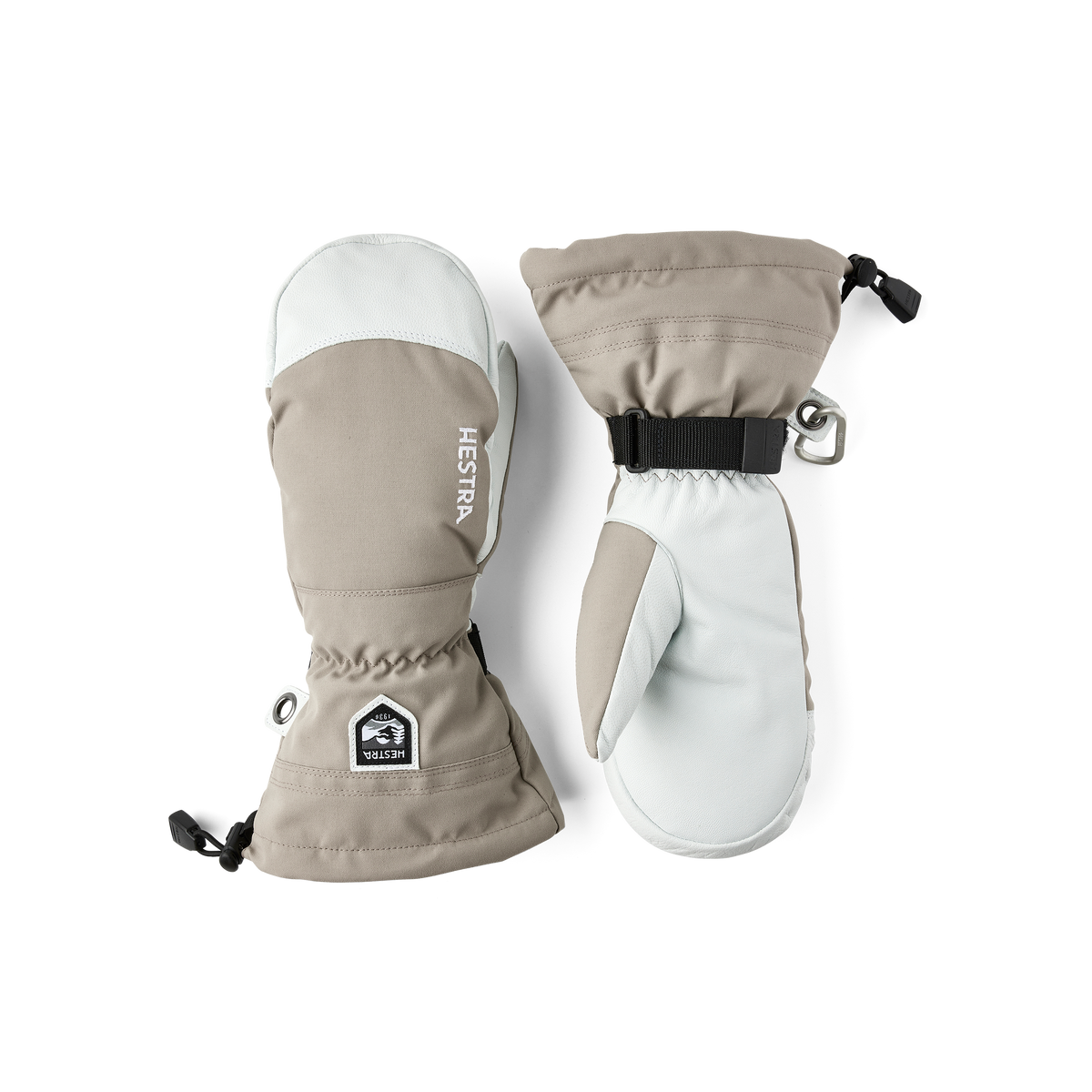 Ski mittens in khaki with white back, wrist strap and snap hardware
