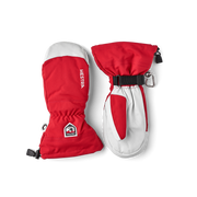 Red and white ski mittens set with wrist strap and carabiner ring