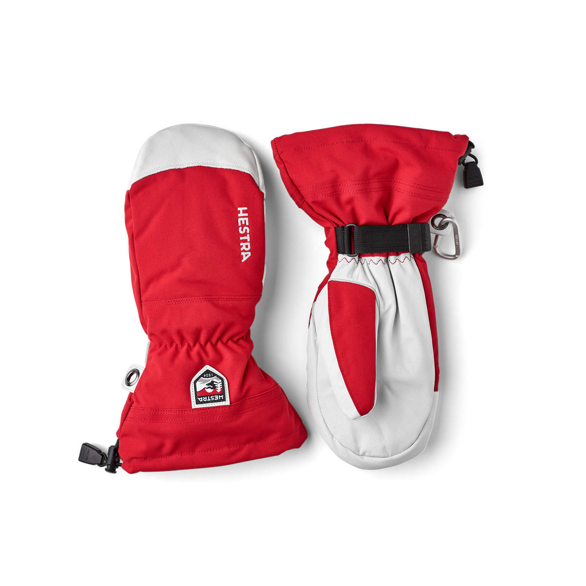Red and white ski mittens set with wrist strap and carabiner ring