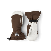 Brown and white pair of ski mittens with wrist strap and Hestra patch