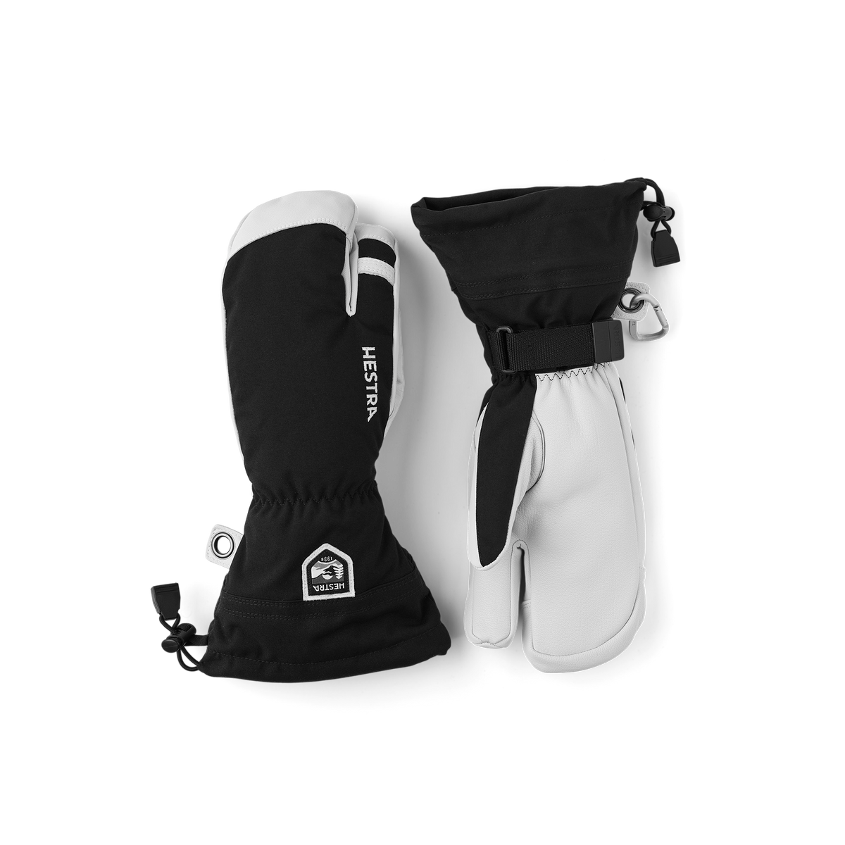 3-finger ski gloves in black with white accents, with mitten-style cuffs.