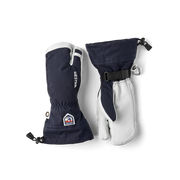 3-finger ski gloves in dark blue with white leather palms and gauntlet cuffs.