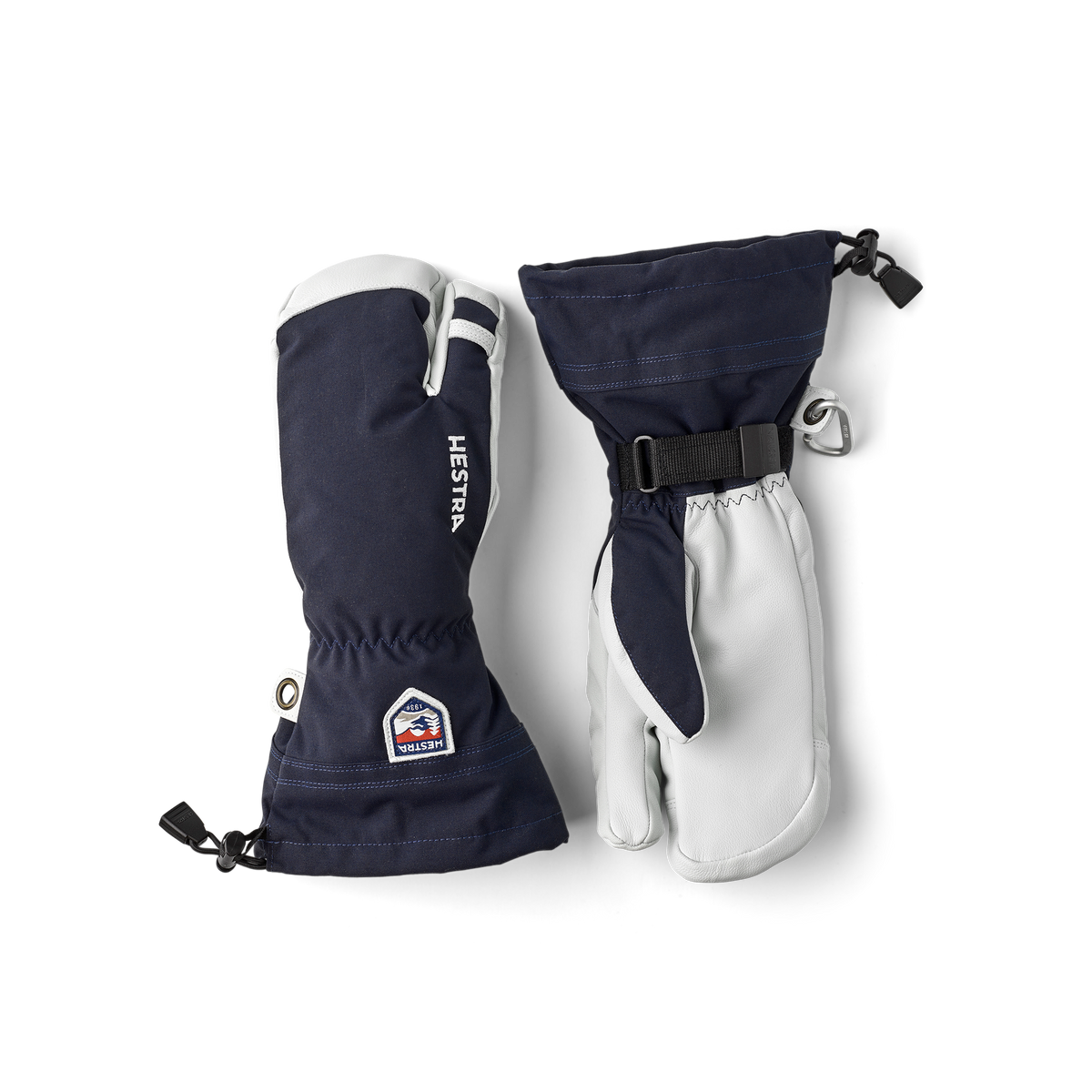 3-finger ski gloves in dark blue with white leather palms and gauntlet cuffs.