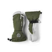 Pair of olive green 3-finger ski gloves with white leather palms and wrist straps
