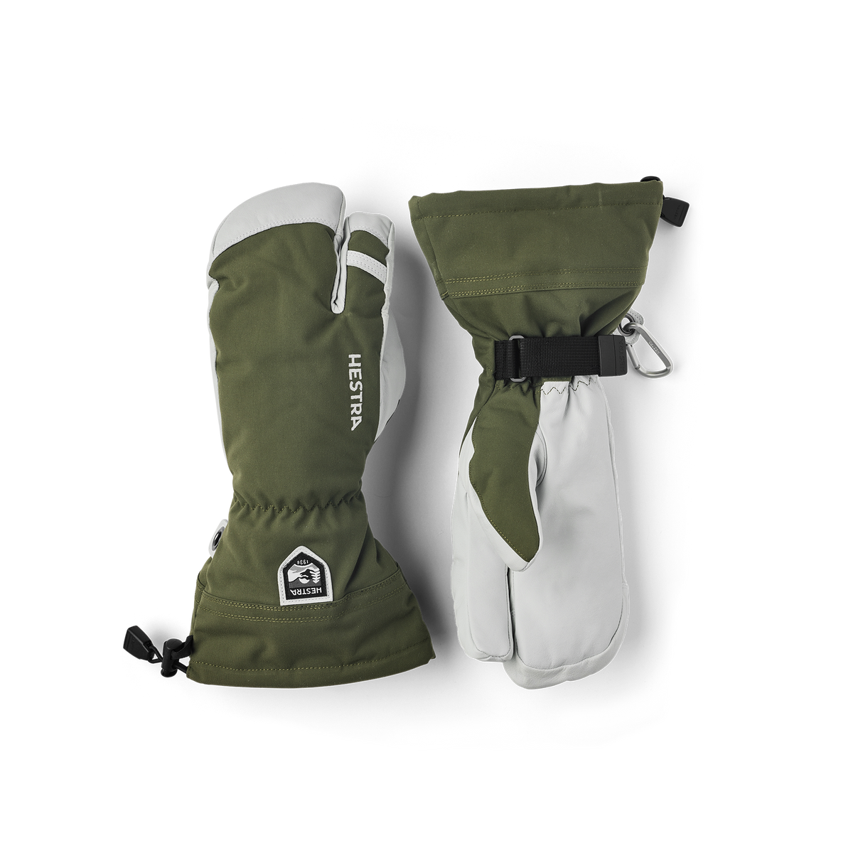 Pair of olive green 3-finger ski gloves with white leather palms and wrist straps