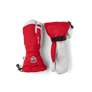 Red and white pair of 3-finger ski gloves with wrist strap and carabiner