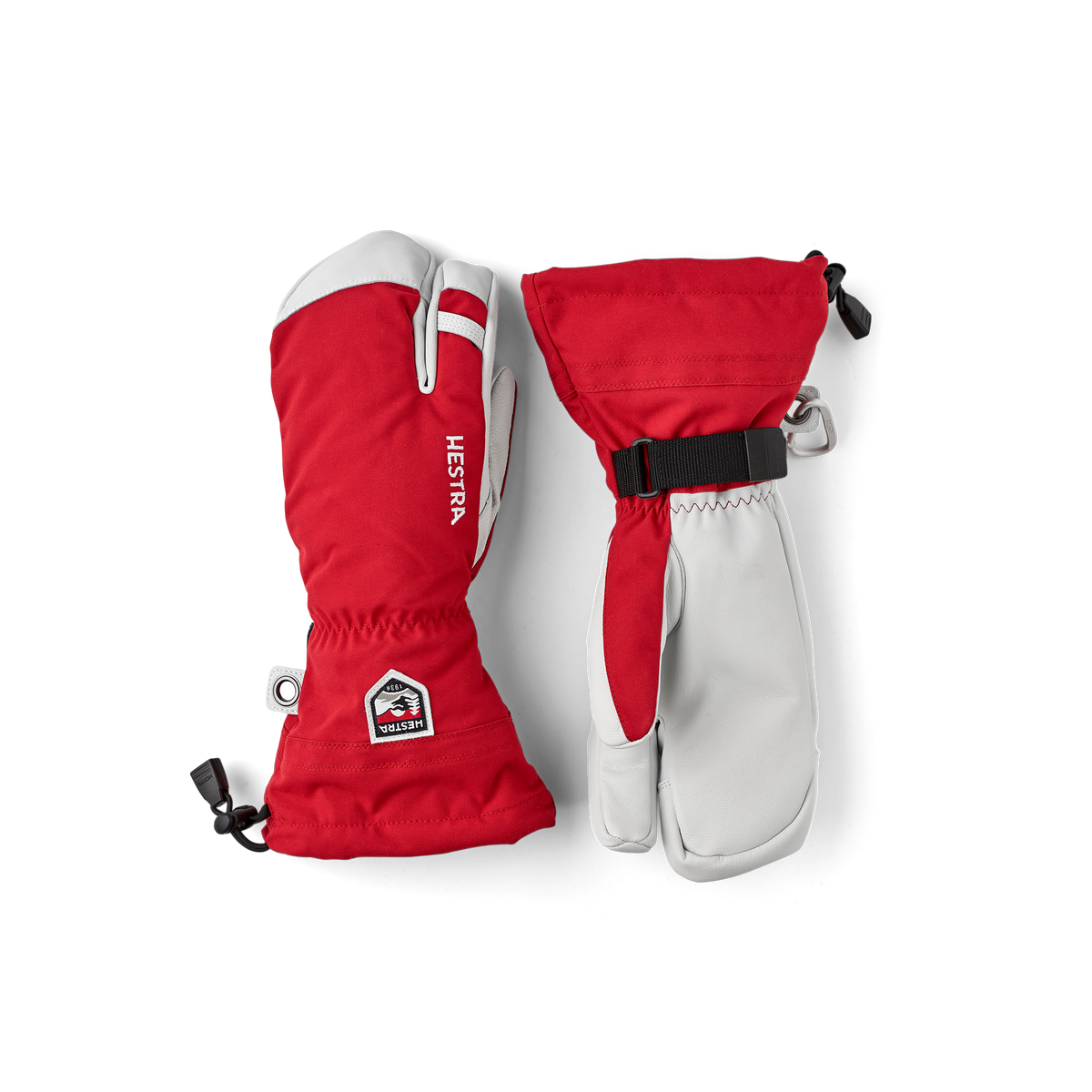 Red and white pair of 3-finger ski gloves with wrist strap and carabiner