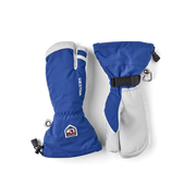 3-finger ski gloves with blue outer fabric and white gauntlet-style cuffs.