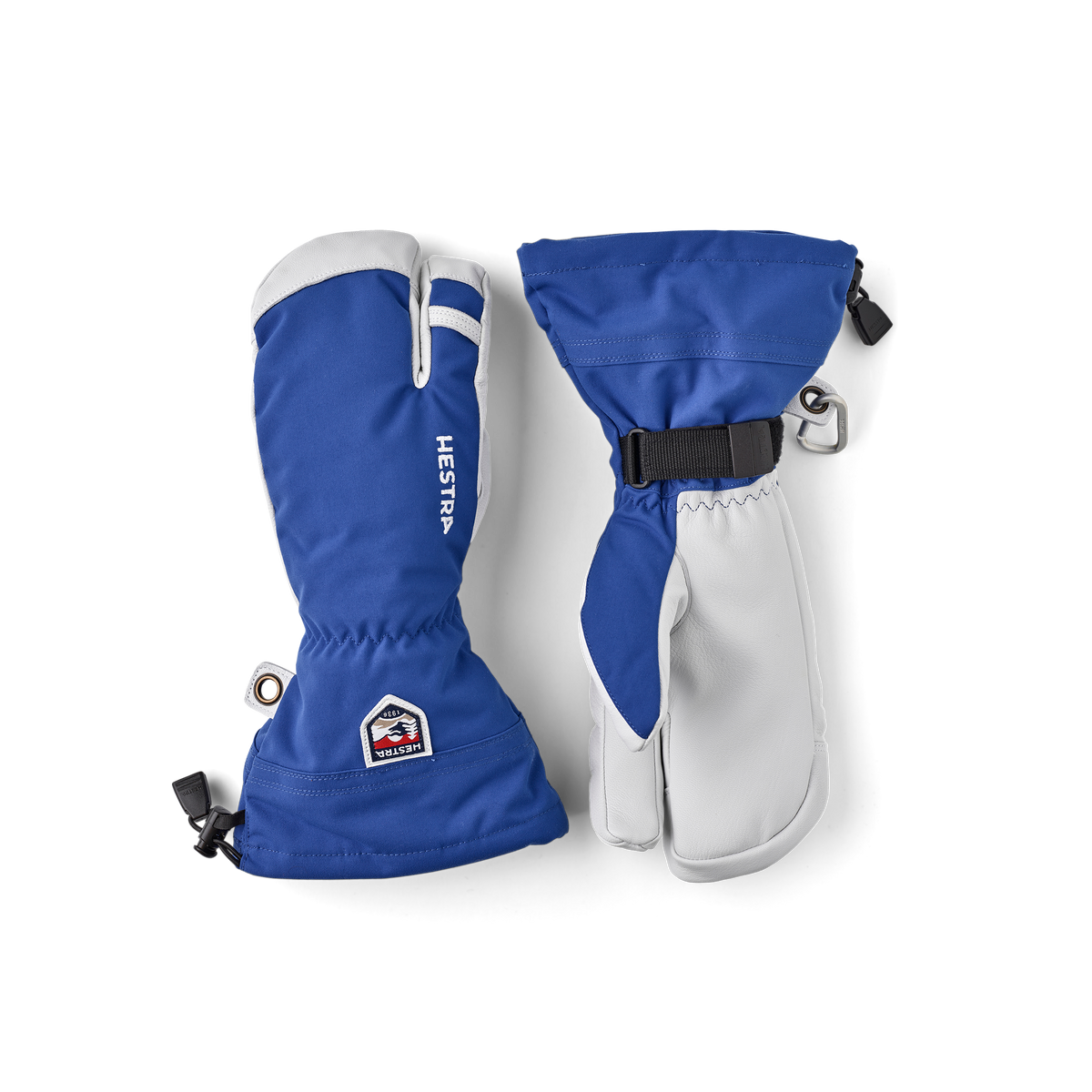 3-finger ski gloves with blue outer fabric and white gauntlet-style cuffs.