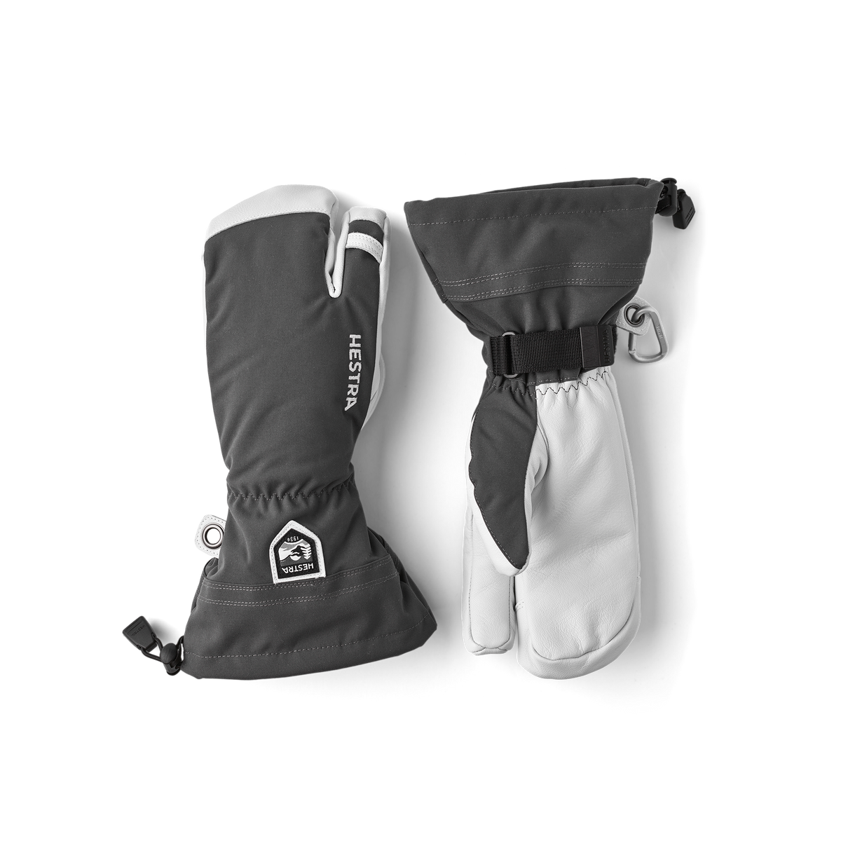 Hestra Army Leather Heli Ski 3-finger gloves in dark gray with white leather mitts