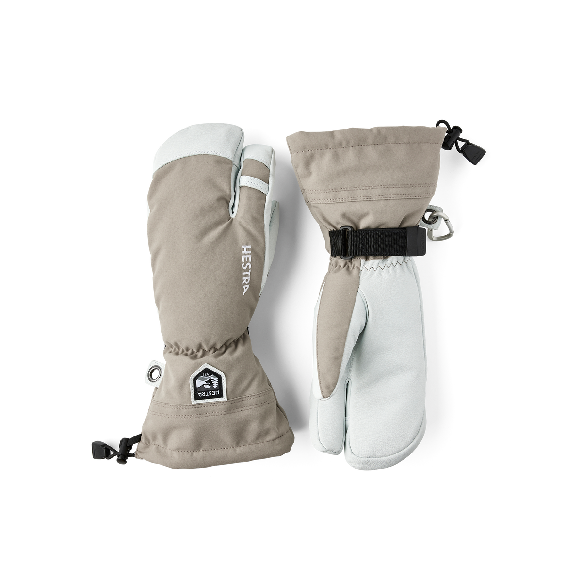 Hestra Army Leather Heli Ski 3-finger gloves in beige fabric and white leather mitts