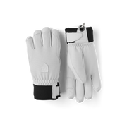 Women’s leather patrol gloves in light with black cuffs and wrist strap, pair view