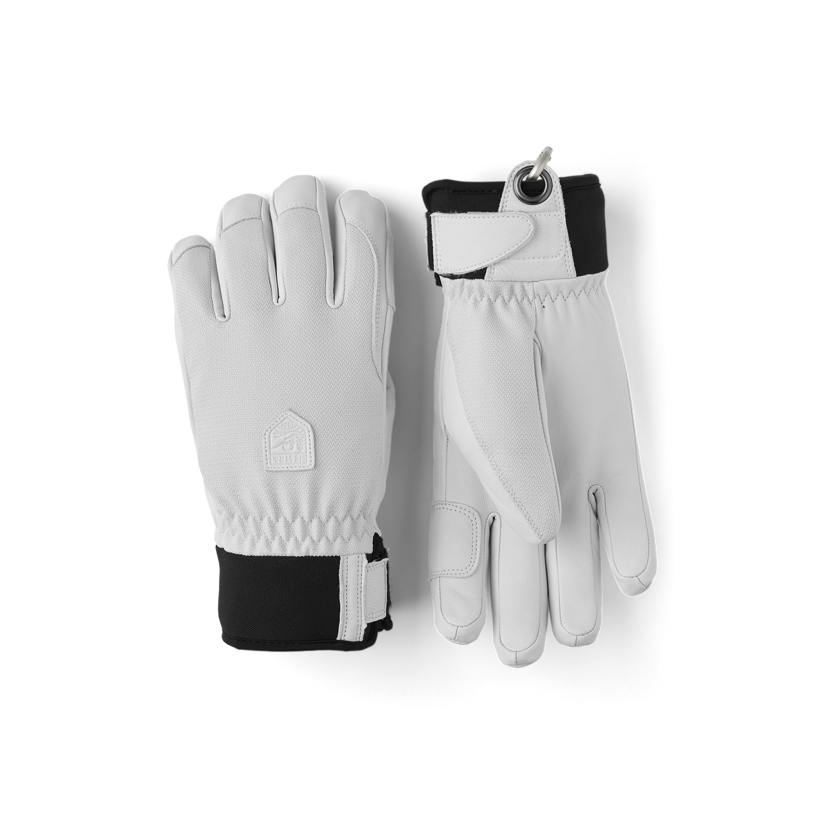 Women’s leather patrol gloves in light with black cuffs and wrist strap, pair view
