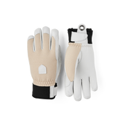 Beige-and-white patrol glove pair with textured fabric backs and white leather palm panels.