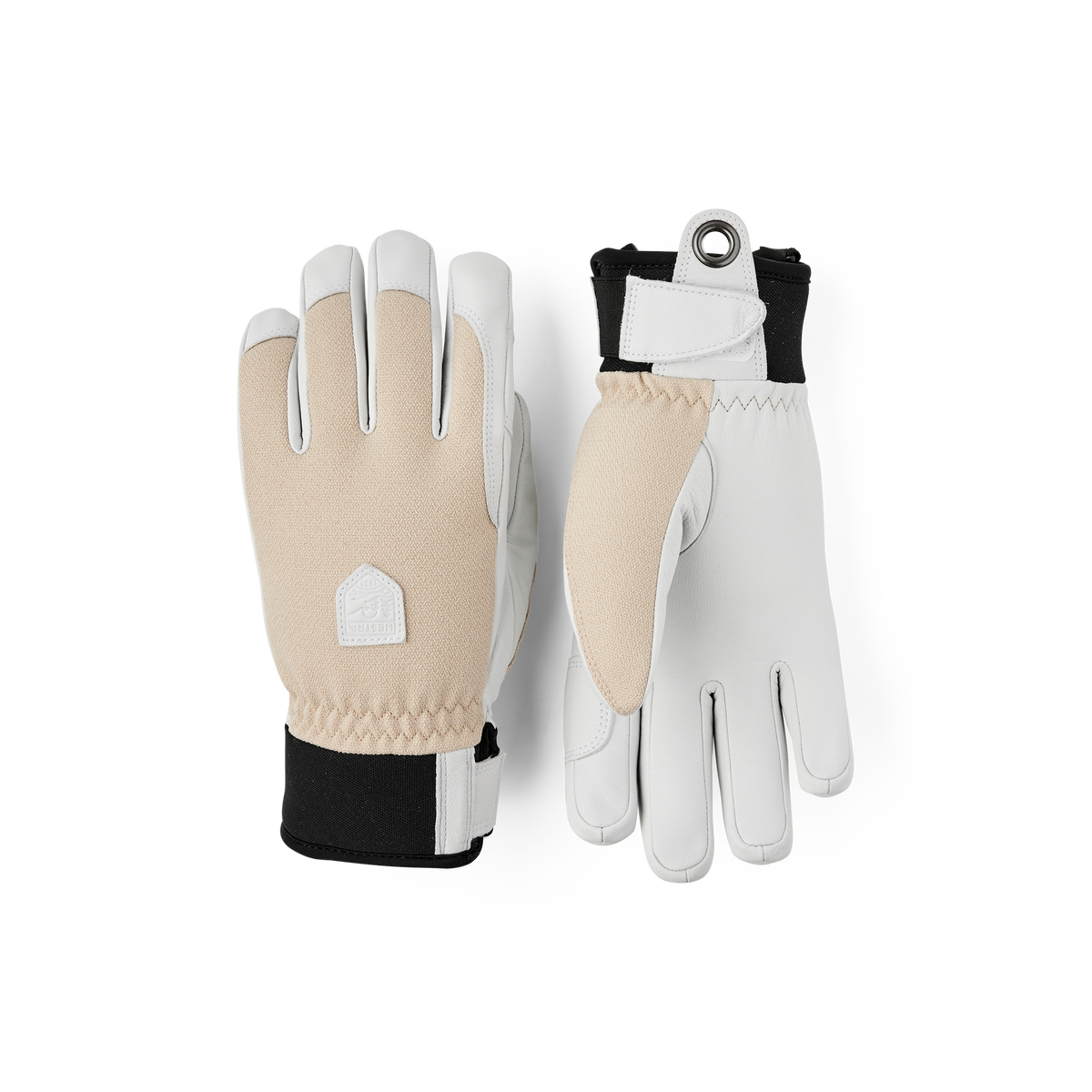 Beige-and-white patrol glove pair with textured fabric backs and white leather palm panels.