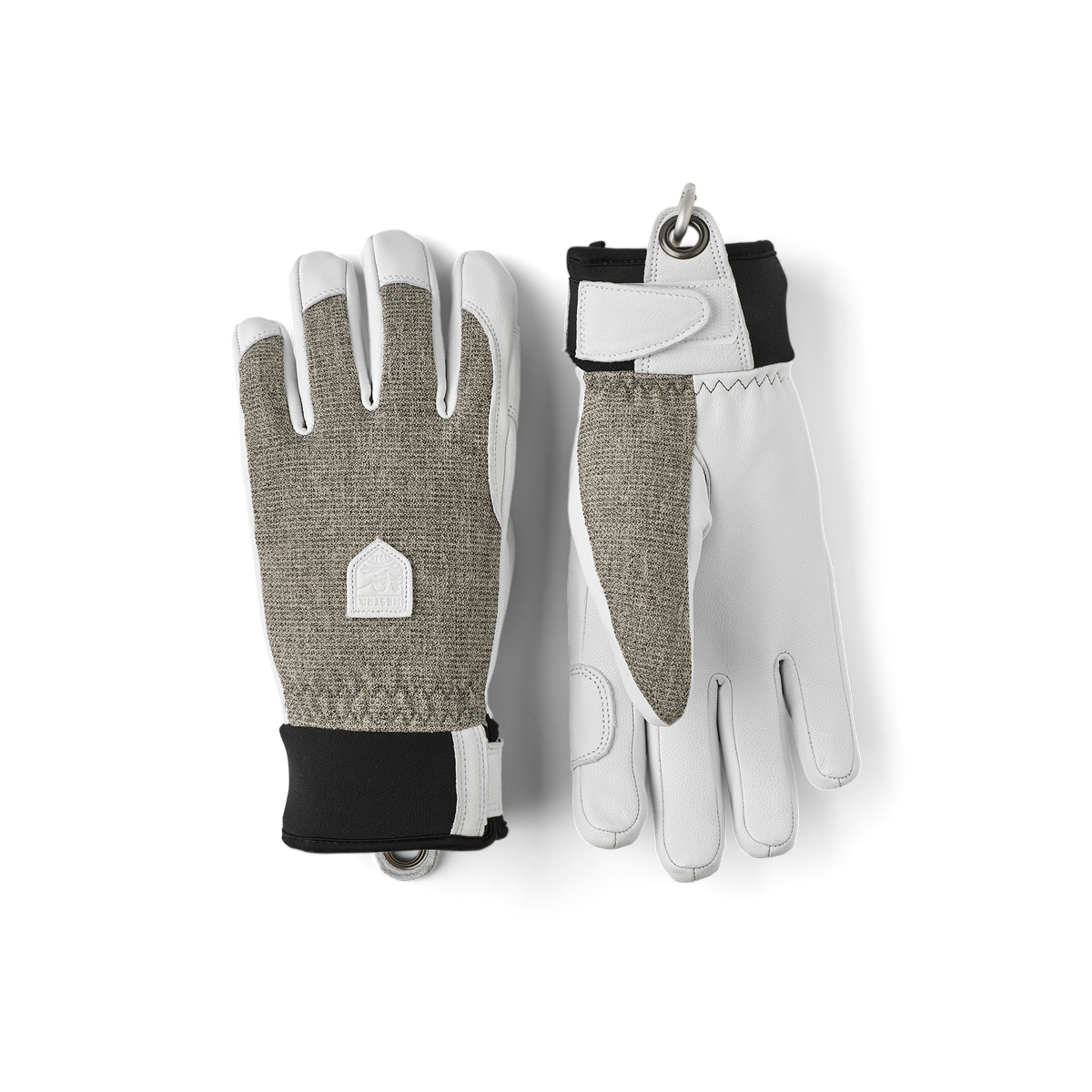 Two women’s patrol gloves: grey knit palms with black cuffs and a light glove pair