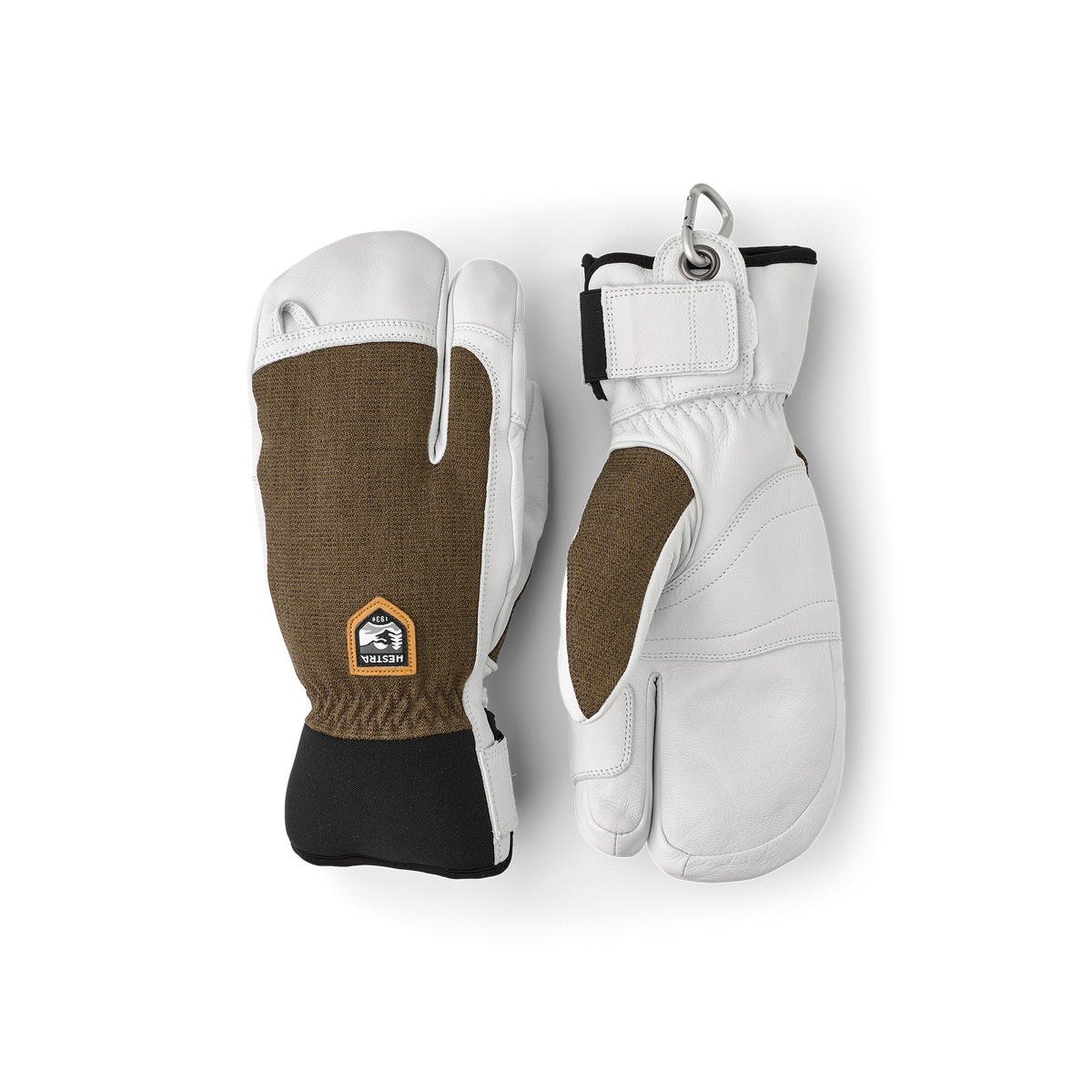 3-finger leather patrol gloves in white with beige-brown knit back panels