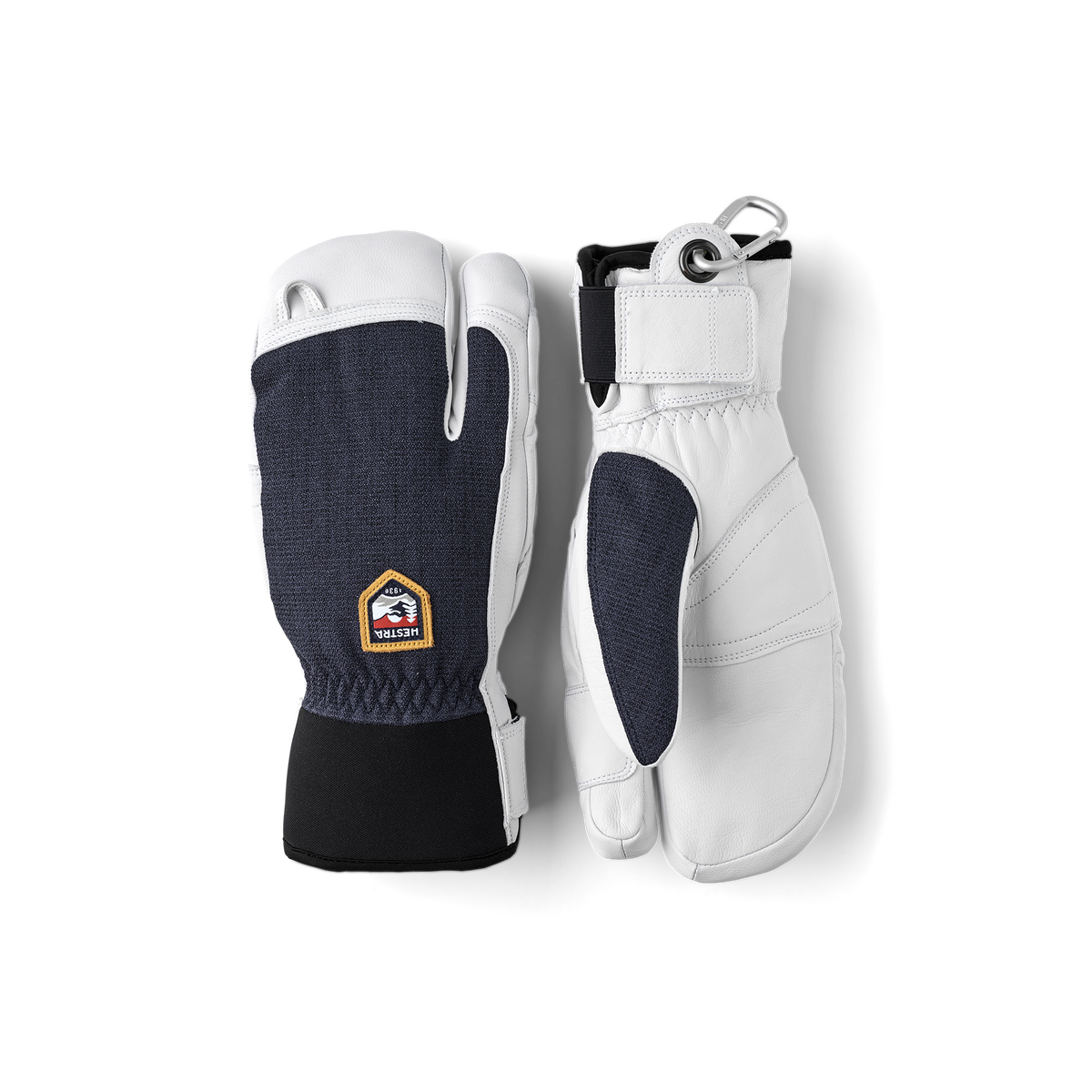 3-finger leather patrol gloves in white with dark panels and wrist pull tab