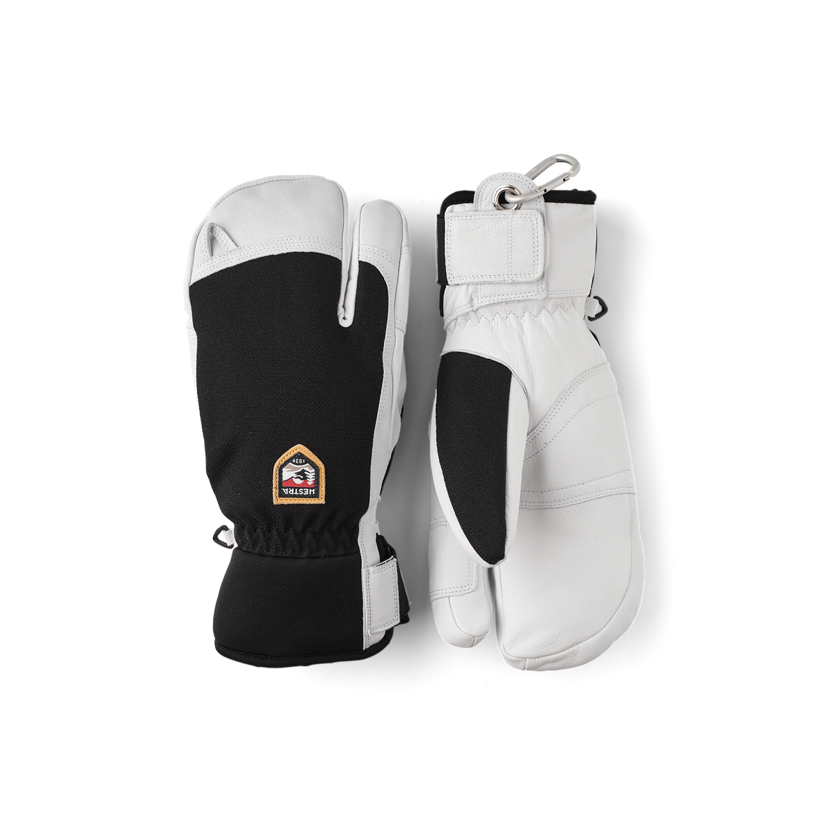 3-finger leather patrol gloves in white with black side panels and hanging loop