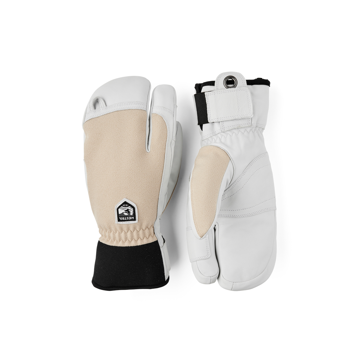 Three-finger leather patrol gloves, white with beige palms and adjustable wrist strap