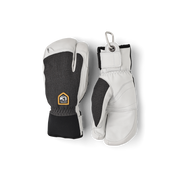 Pair of patrol gloves: dark gray knit back with white leather palm and cuff.