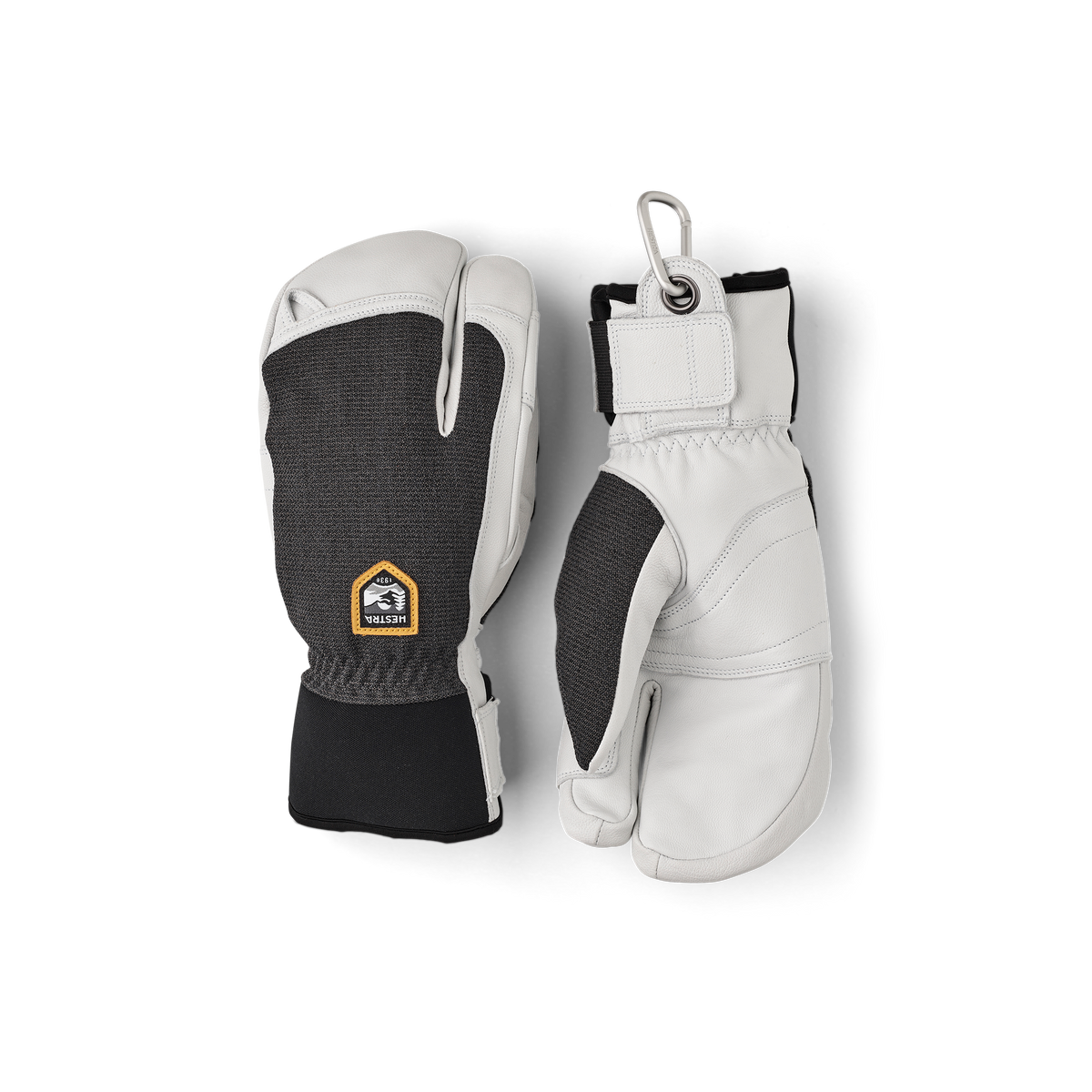 Pair of patrol gloves: dark gray knit back with white leather palm and cuff.