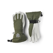 Hestra Heli ski gloves set in olive green with white palms and black adjustable wrist strap