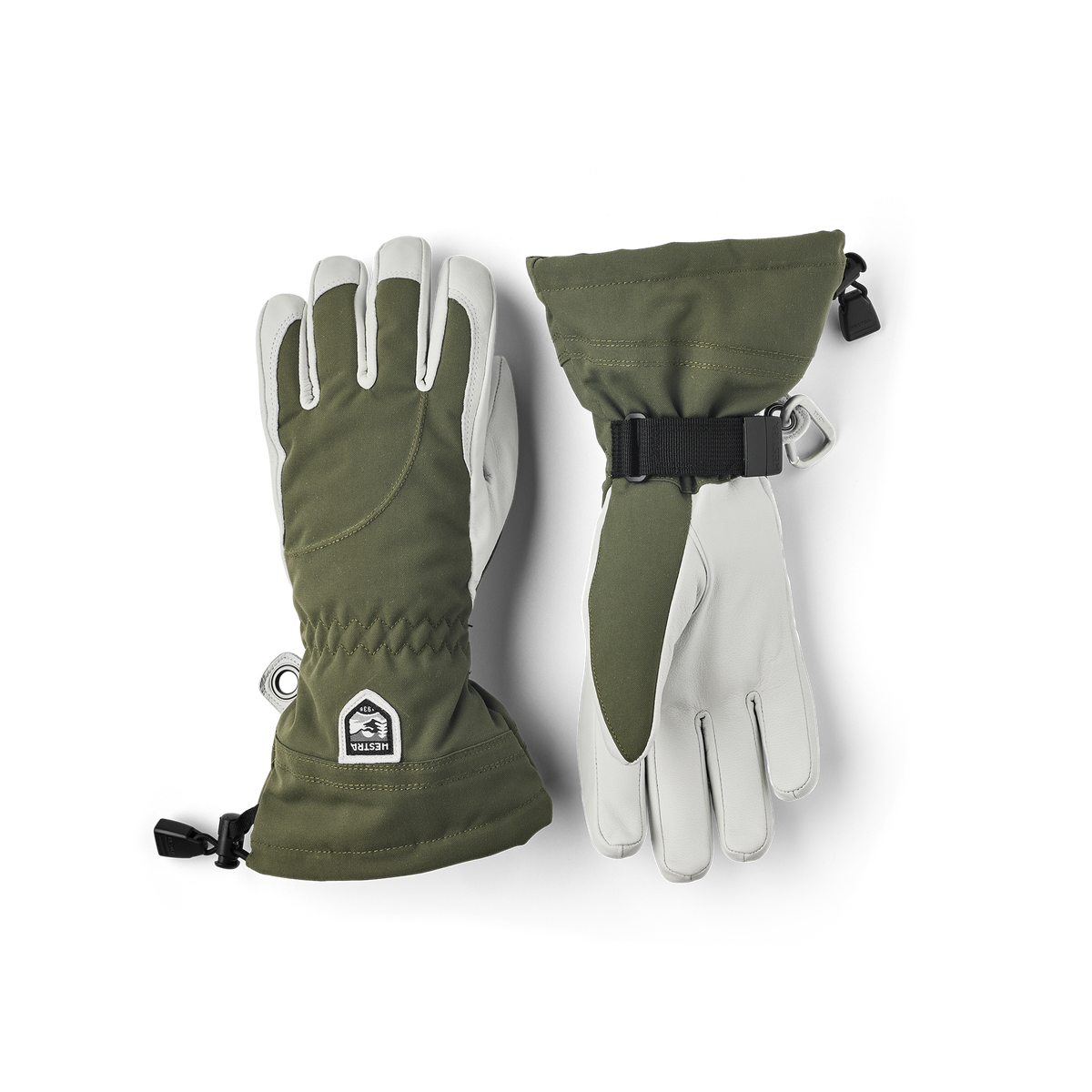 Hestra Heli ski gloves set in olive green with white palms and black adjustable wrist strap