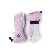 Pair of lavender ski gloves with white back and black adjustable wrist strap
