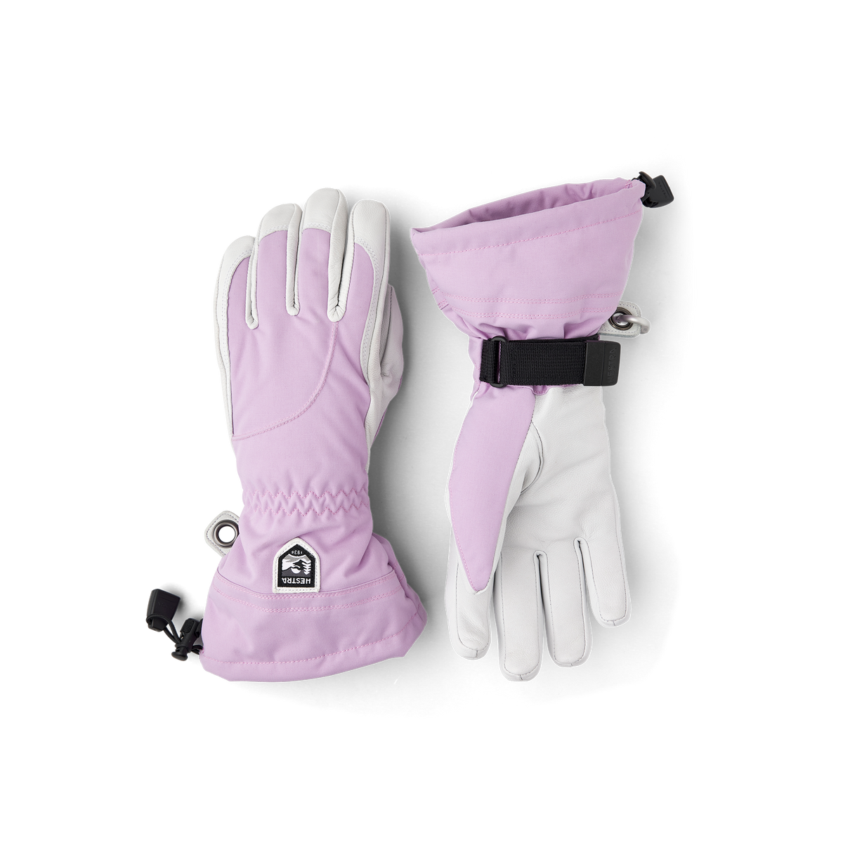 Pair of lavender ski gloves with white back and black adjustable wrist strap