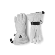 Pair of white insulated ski gloves with adjustable wrist strap and buckles