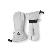 Pair of white ski gloves with wrist straps and pull-tab hardware