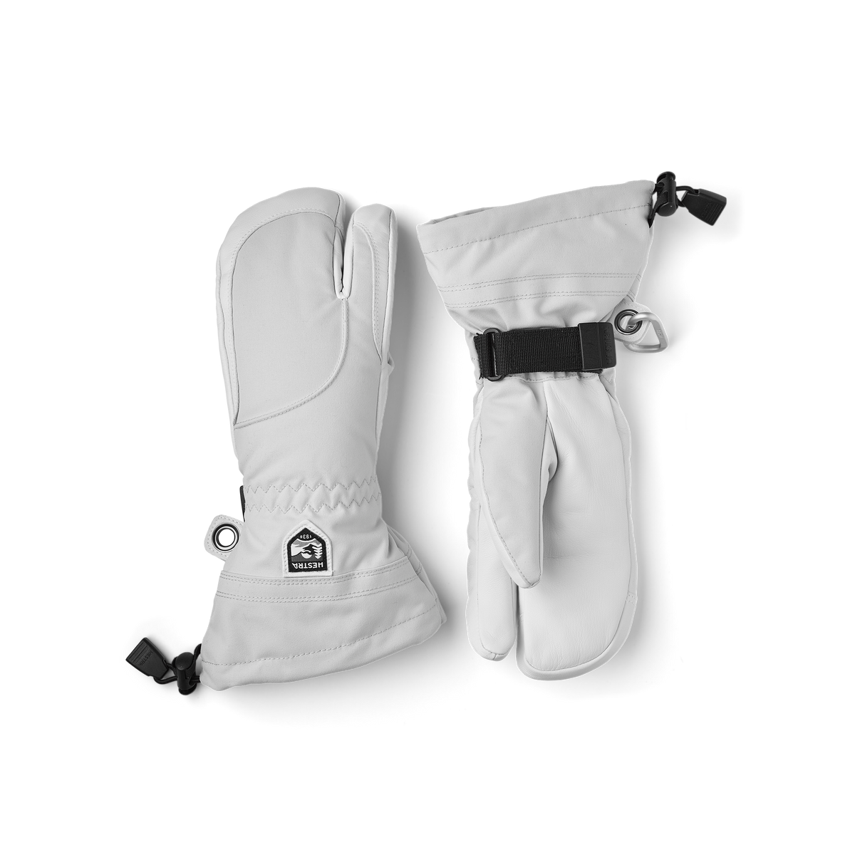 Pair of white ski gloves with wrist straps and pull-tab hardware