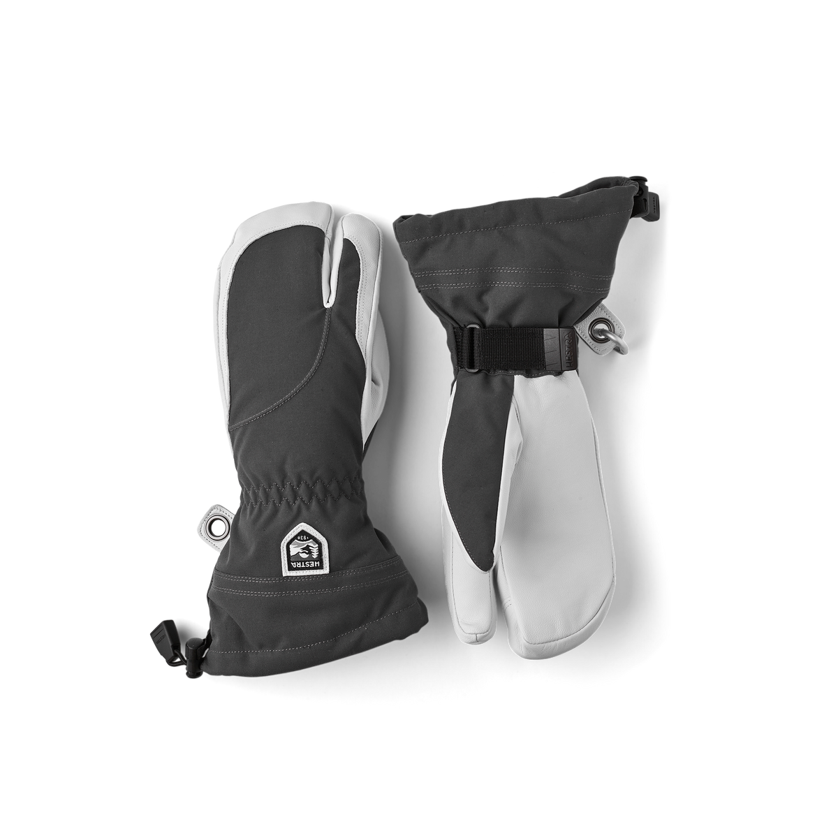 Women’s ski gloves in dark gray with white palms and hook-and-loop cuff strap