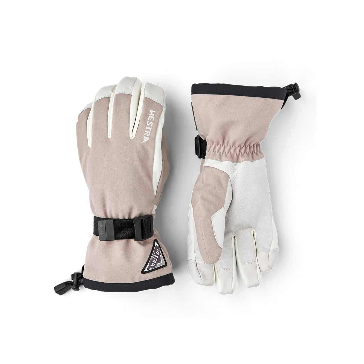 Powder gauntlet gloves in beige with white leather palms and black wrist strap