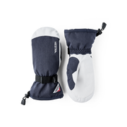 Navy and white powder gauntlet mittens pair with black cuff strap and Hestra badge