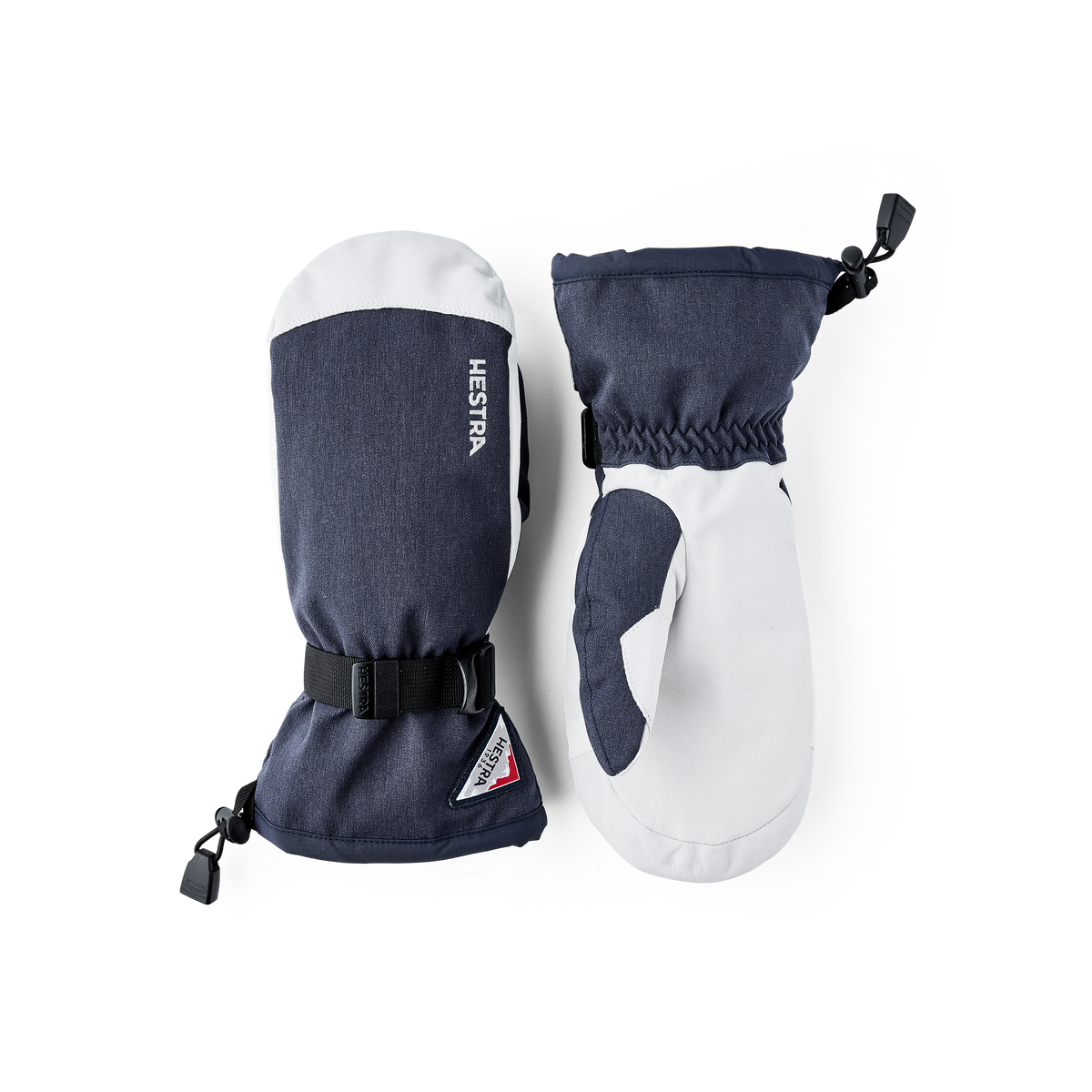 Navy and white powder gauntlet mittens pair with black cuff strap and Hestra badge